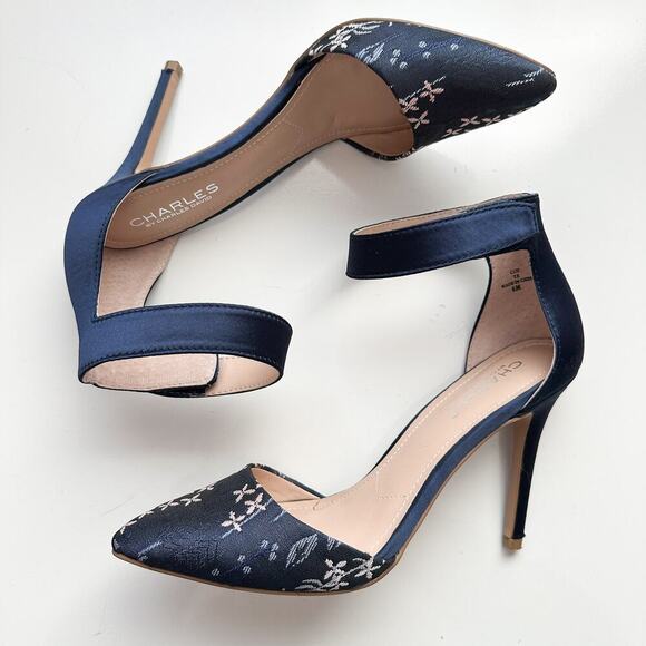 Charles By Charles David Navy Floral Ankle Strap Heels Size 6 Embroidered - Picture 6 of 14